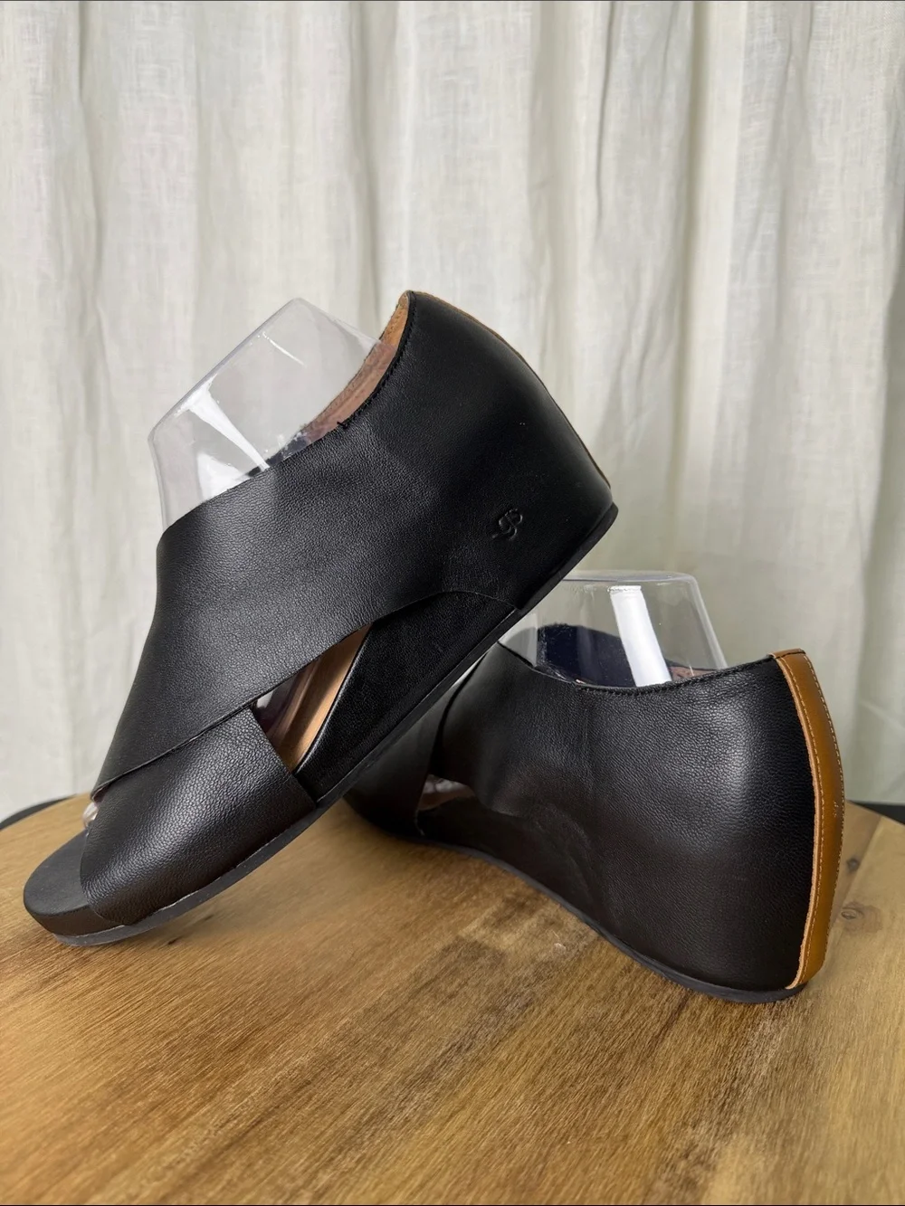 gentle souls Black Leather Open-Toe Wedge Sandals
